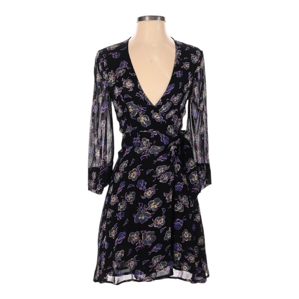 Ganni Wrap Dress XS 34 Black Purple Floral Georgette Sheer Sleeve Mini Cocktail